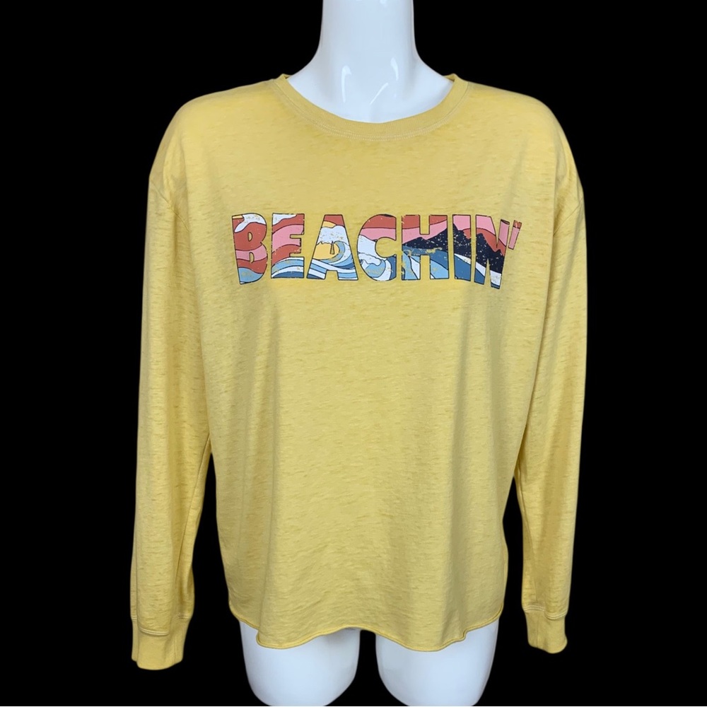 C&C California Yellow BEACHIN’ Long Sleeve Crew Neck Boxy Tee Medium